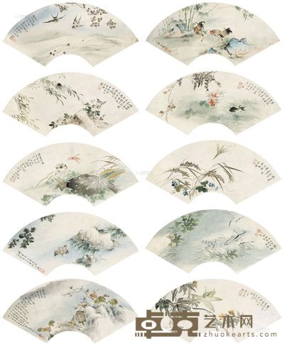 翁雒 1848年作 湖塘清趣 册 （十二开选十） 11×29cm×12