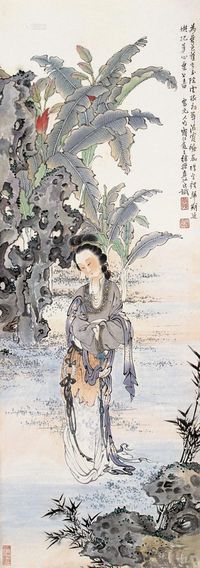 徐操 芭蕉仕女 立轴