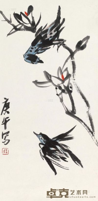 王敬恒 1990年作 玉兰双鸟 镜心 63×30cm