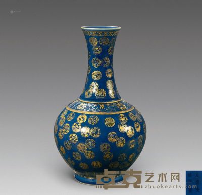 清光绪 霁蓝釉描金皮球花赏瓶 高38.9cm