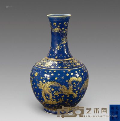 清光绪 霁蓝釉描金龙凤纹赏瓶 高41.3cm