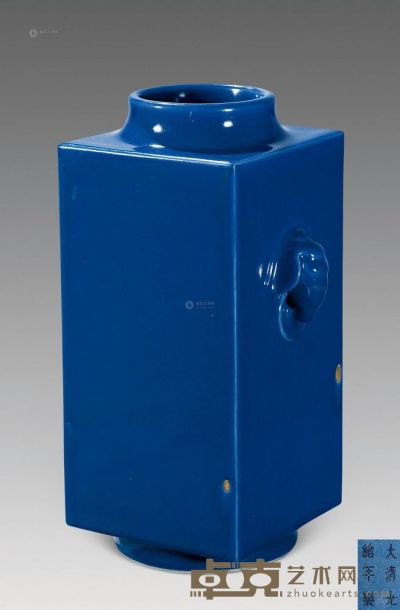 清光绪 霁蓝釉象耳方瓶 高29.6cm