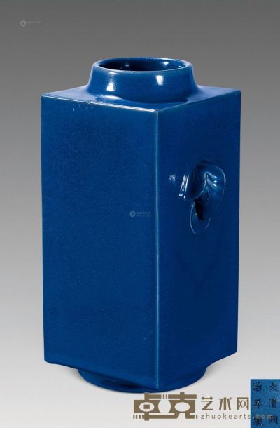 清同治 霁蓝釉象耳方瓶 高28.8cm