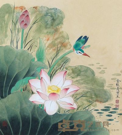 俞致贞 荷花翠鸟 镜心 45×40cm