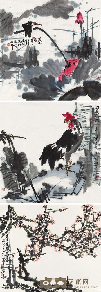 王鸿勋 1999年作 花鸟 三屏镜心 68×68cm×2；45×52.5cm