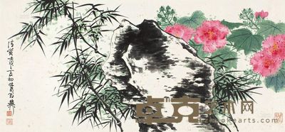 谢稚柳 1982年作 芙蓉竹石 镜片 45×97cm