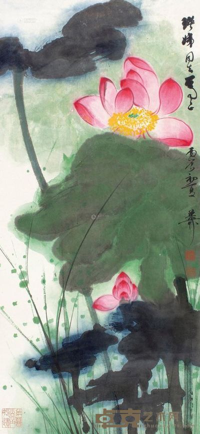 谢稚柳 1976年作 芙蕖盛开 立轴 67.5×31cm