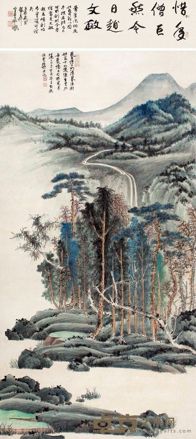 谢稚柳 1947年作 李长吉诗意图 立轴 画心134×67cm；诗堂20×67cm