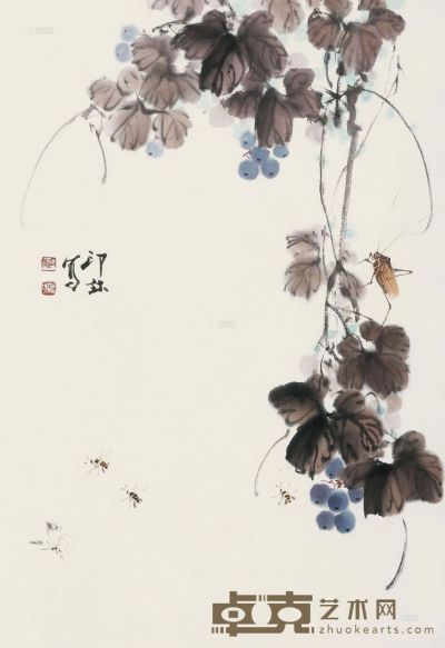 萧朗 葡萄草虫 镜心 67.5×45.5cm