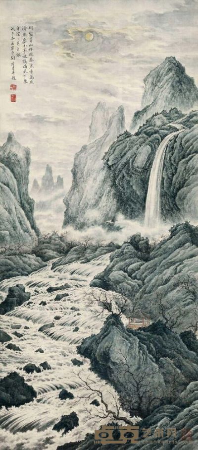 陶冷月 1948年作 青山泉月图 立轴 81×36cm