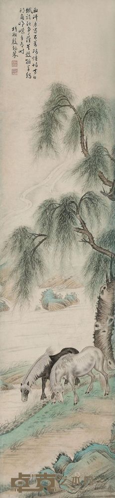 殷梓湘 柳下双骏图 立轴 129×30cm