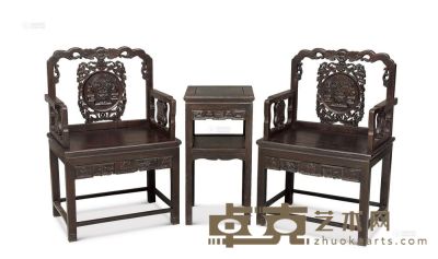 现代 红木雕博古太师椅 （3件） <em>65×50×100cm；39×39×76cm</em>