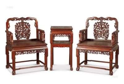 现代 红木雕鹿纹太师椅 （3件）