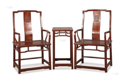现代 红木雕夔龙官帽椅 （3件）