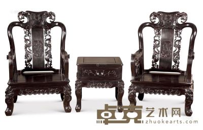 现代 红木雕菊扶手椅 （3件） <em>67×56×114cm；53×53×58cm</em>