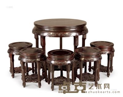 现代 红木雕花卉圆桌 （6件） <em>81×81×81cm；35×35×49cm</em>