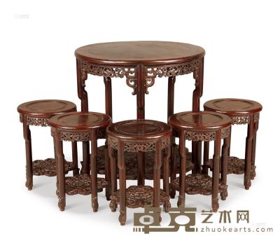 现代 红木雕螭龙圆桌 （6件） <em>80×80×82cm；35×35×50cm</em>