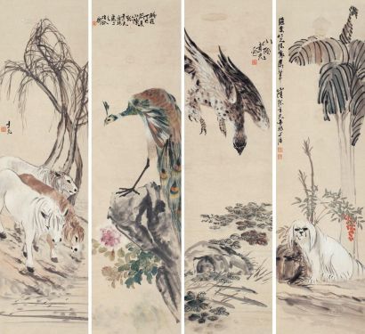 张聿光 丁巳（1917年）作 花鸟动物 四屏立轴