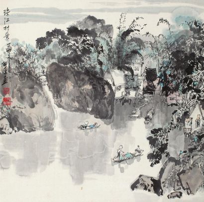 李仁康 丁卯（1987年）作 珠江村景 立轴