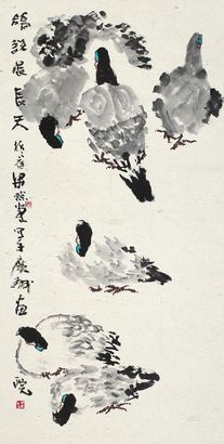 梁照堂 鸽语展长天 镜心
