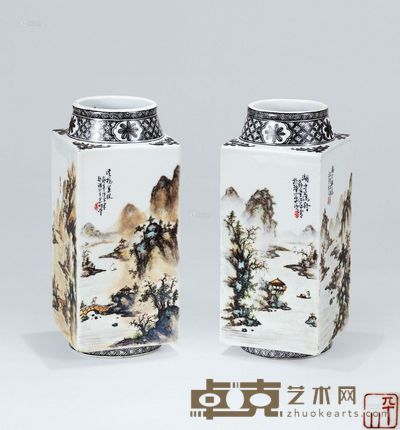 汪野亭 粉彩山水图四方瓶 (一对) <em>高23.0cm×2</em>