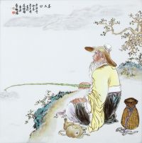 曹木林 粉彩「姜太公」瓷板