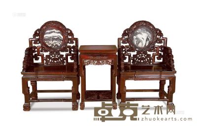 红木灵芝纹太师椅 （三件套） <em>椅71×54×112cm×2；几49×49×79cm</em>