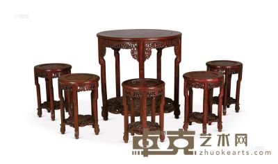 红木福寿纹圆桌 （五件套） <em>桌80×82cm；凳35×50cm×4</em>