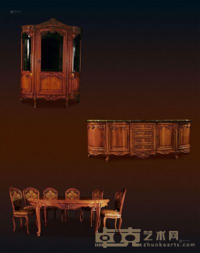 十九世纪 胡桃木 Walnut 餐厅 （九件套） <em>主柜183×130×45cm；边柜105×295×56cm；椅110