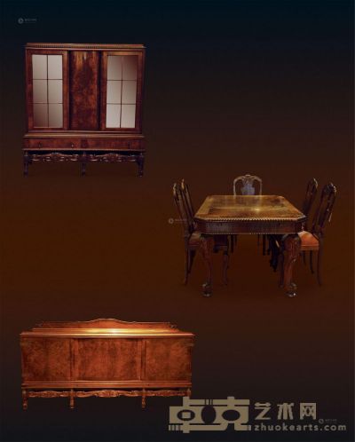 十九世纪 胡桃木 Walnut 餐厅 （九件套） <em>柜118×240×55cm；148×136×41cm；桌76×148×9