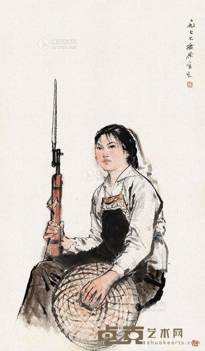 刘济荣 1977年作 民兵写生 镜片 <em>119×69cm</em>