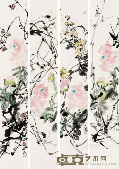 方土 梅兰竹菊 (四屏) 镜片 <em>136×34cm×4</em>