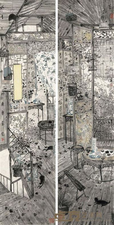 方向 丁亥(2007年)作、戊子(2008年)作 闲庭 镜片 <em>137×34cm×2</em>