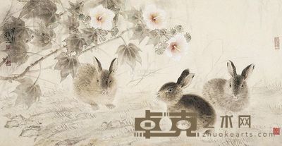 许晓彬 辛卯(2011年)作 秋郊群兔 镜片 <em>49×93cm</em>