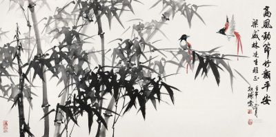 廖红球 壬午（2002年）作 竹鸟 横批
