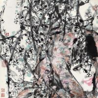 林墉 戊寅（1998年）作 花丛中的少女 镜框