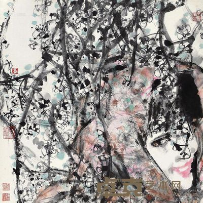 林墉 戊寅(1998年)作 花丛中的少女 镜框 <em>68×68cm</em>