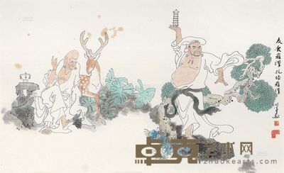 陈衍宁 友鹿罗汉与托塔罗汉 镜框 <em>41×68cm</em>