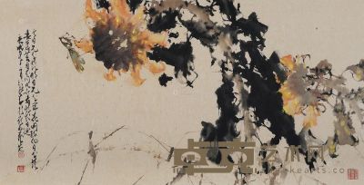 赵少昂 庚戌（1970年）作 向日葵上的螳螂 镜框 <em>49×96cm</em>