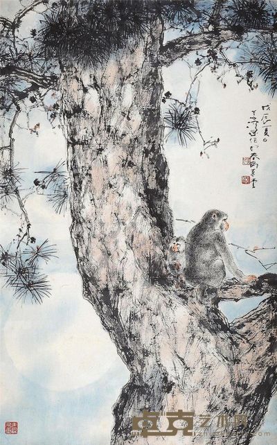 杨善深 戊辰(1988年)作 松猴图 镜片 <em>102×63cm</em>