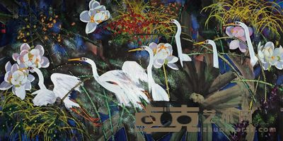 黄永玉 戊寅(1998年)作 荷塘白鹭 镜片 <em>118×239cm</em>