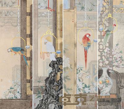刘宏伟 鹦鹉 四屏镜框 <em>117×36cm×4</em>