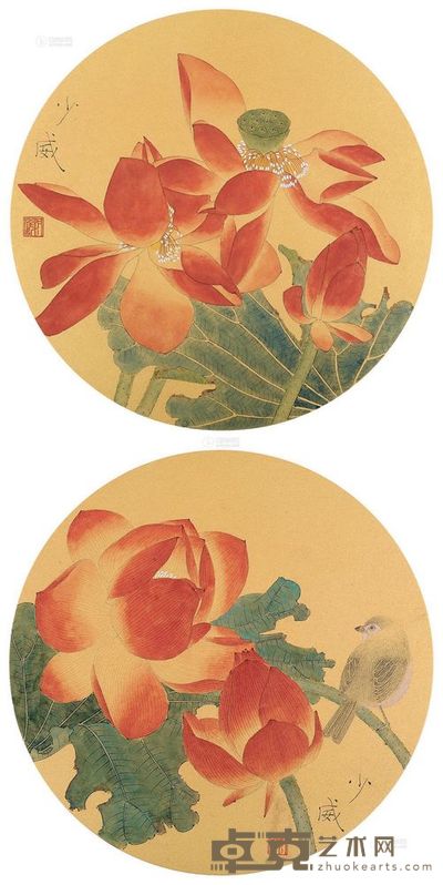 谢少威 荷花 (两帧) 镜片 <em>直径30cm×2</em>