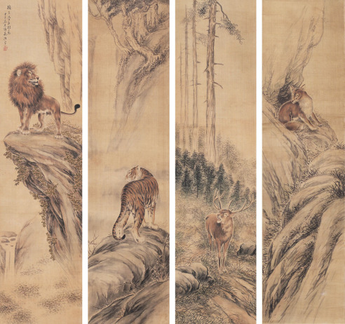 吴天墀 1924年作 动物 四条屏轴