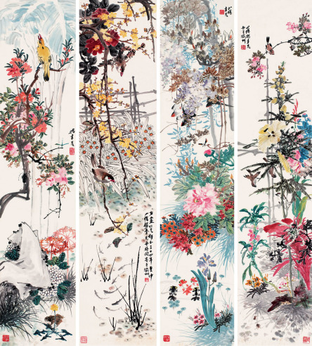 张聿光 1945年作 花卉 镜框 四屏