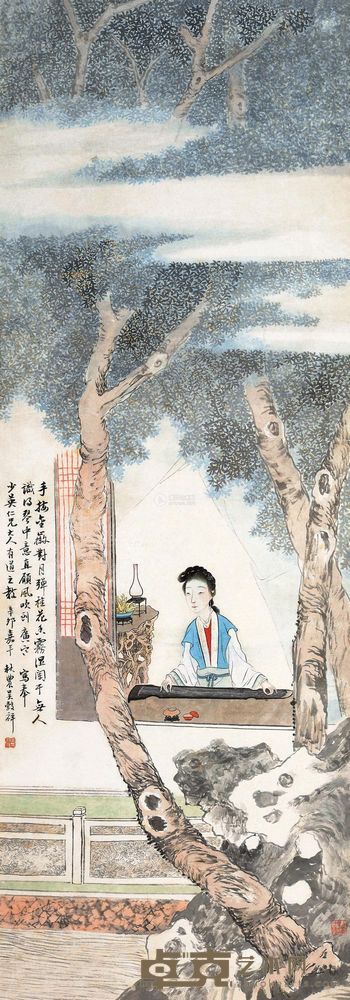 吴穀祥 辛卯(1891)年作 香闺抚琴 屛轴 <em>113.5×39.5cm</em>