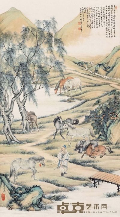 殷梓湘 甲戌(1934)年作 柳阴八骏 立轴 <em>146×80cm</em>