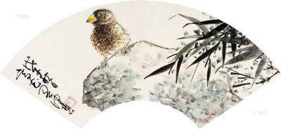 陈佩秋 戊午（1978）年作 竹石珍禽 扇片