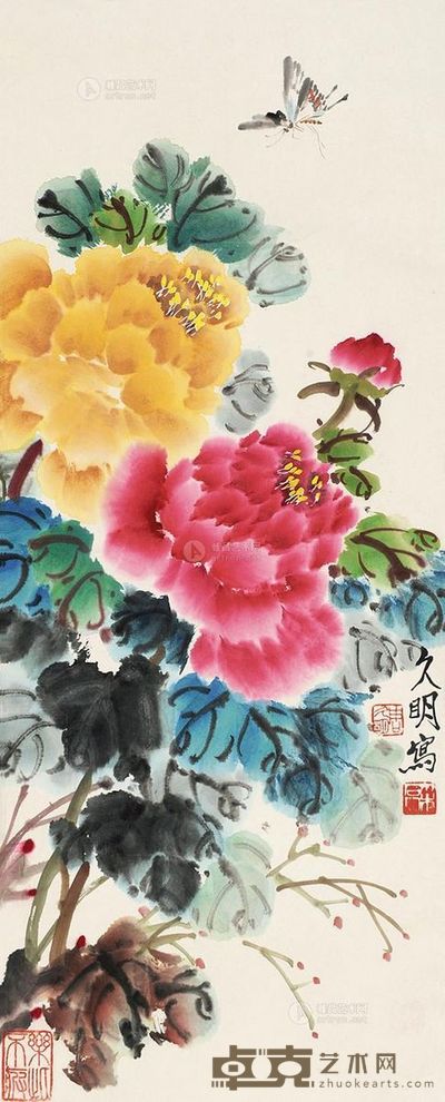 周久明 牡丹蝴蝶 屏轴 <em>68×27cm</em>