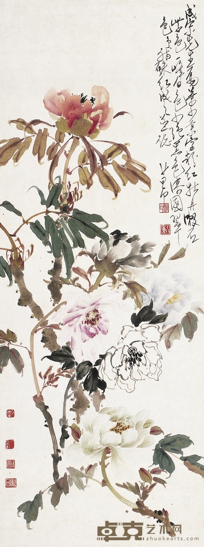赵少昂 何漆园 叶少秉 黄少强 等七家 牡丹图 92×34.5cm